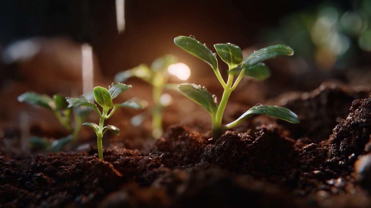 The Growth Process of Young Plants in Moist Soil, Captured from Early Development Stages to Their Flourishing Life Surrounded by Sunlight and Rain