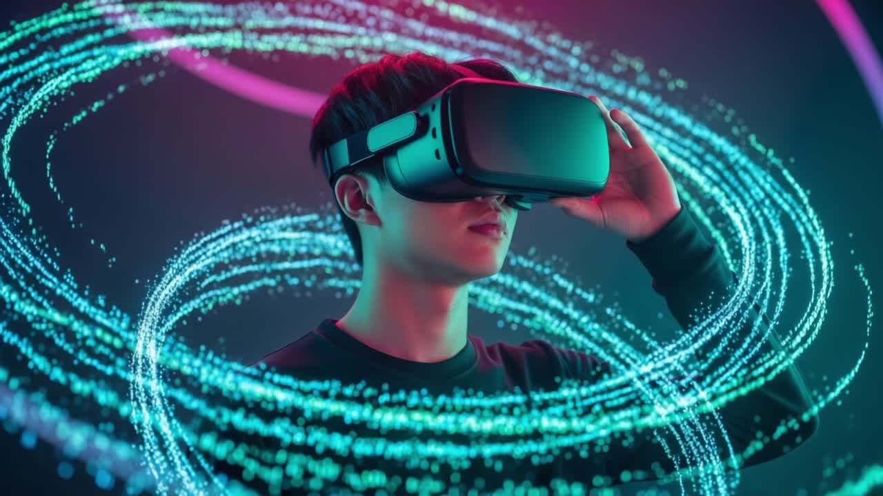 A young individual engages in immersive virtual reality, wearing a VR headset, surrounded by vibrant swirling lights, exemplifying the intersection of technology and digital experiences