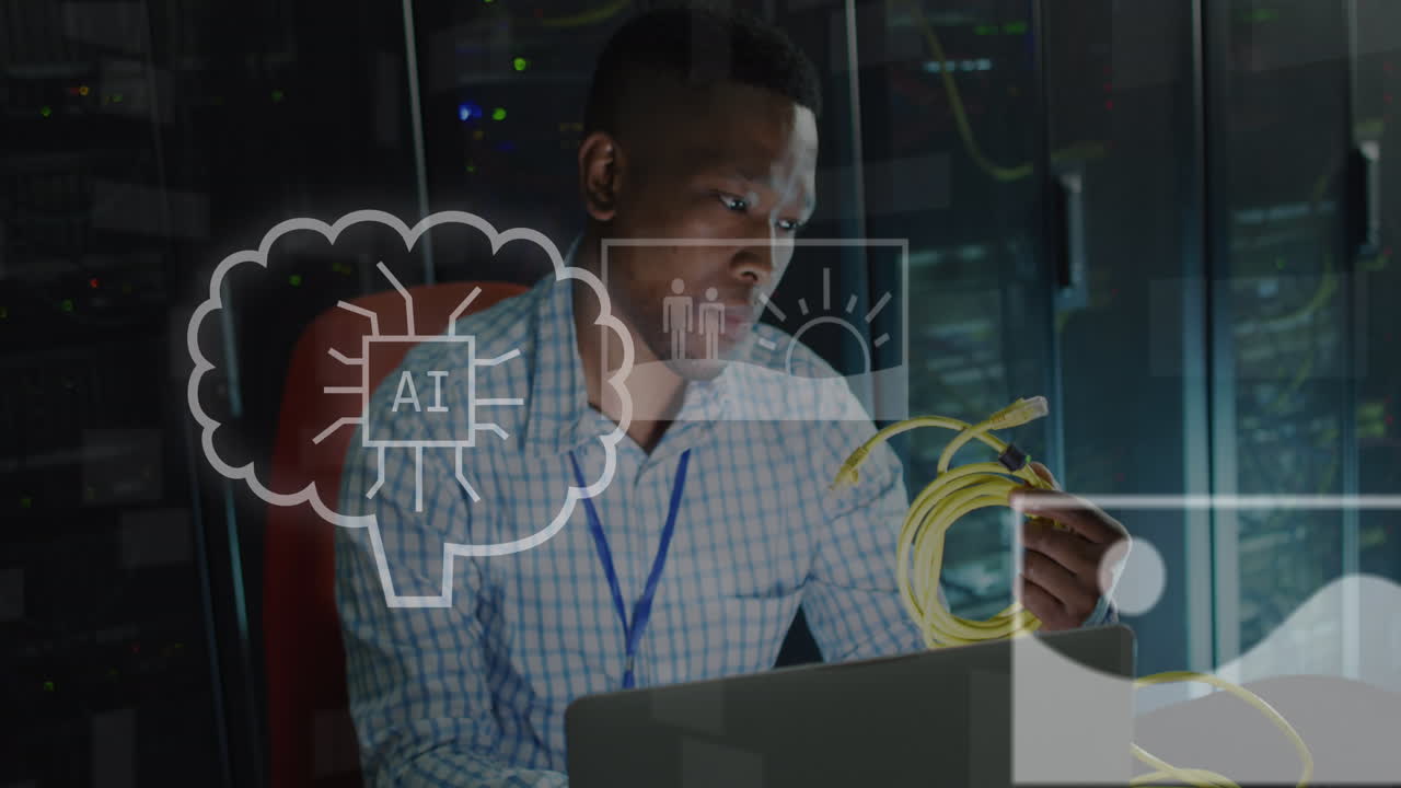 Animation of ai text, icons and african american it engineer and computer servers