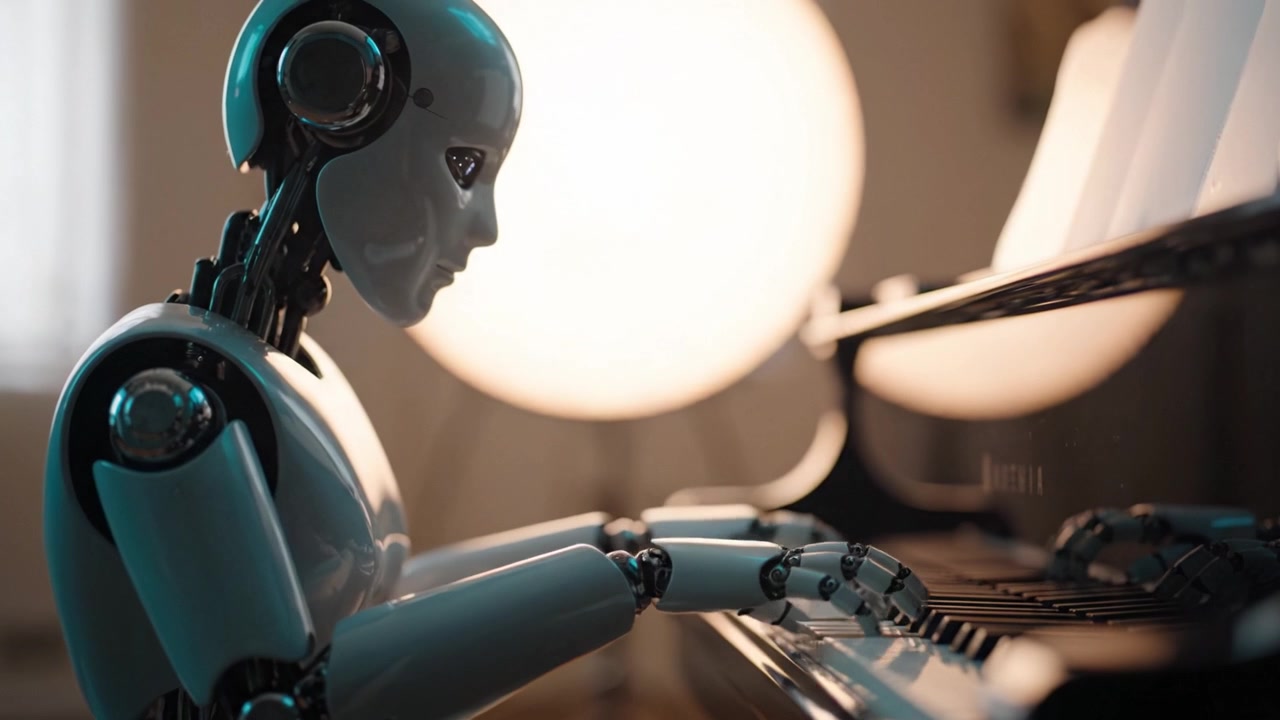 En robotfigur, der elegant spiller på et flygel under blød, omgivende belysning, hvilket fremkalder en blanding af teknologi og kunstnerisk udtryk i rolige indendørs omgivelser.