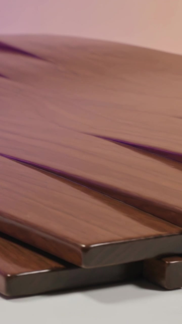 Vertical video: Panning cam showing slats on studio desk exposing beveled edges blocks purple light