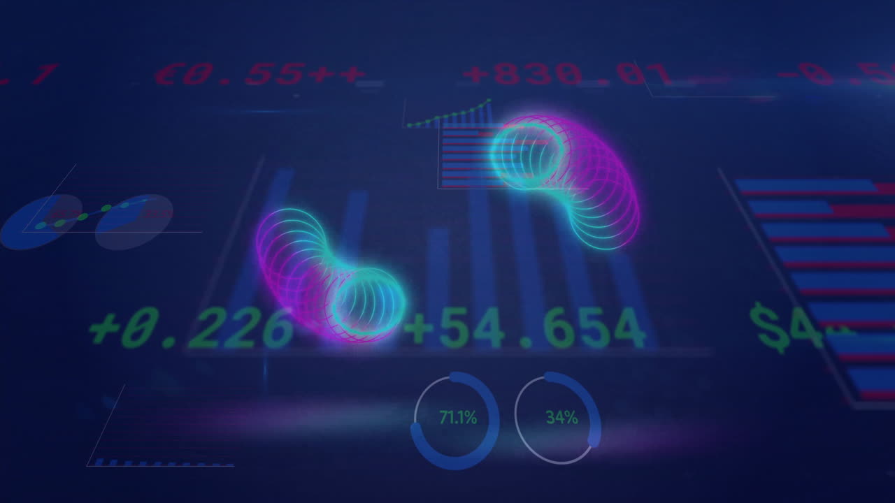 Animation of statistics and data processing over dark background