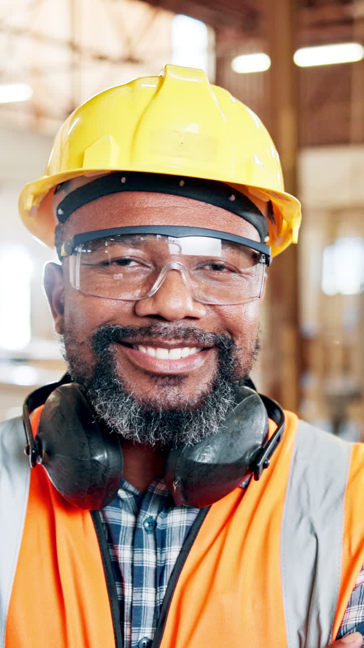 Smiling African American Man Wearing Safety Gear in Industrial Setting