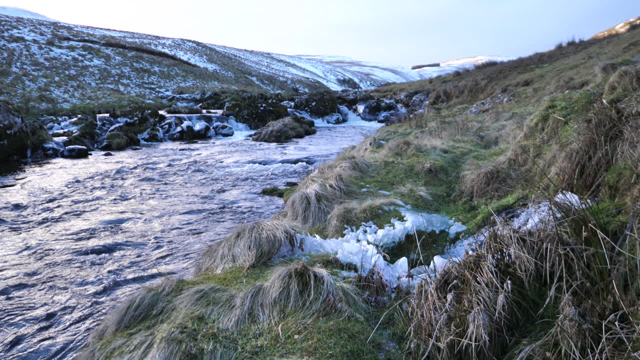 Real-time footage of flowing stream on an icy winter's day with wild grassy hills and valley in the background