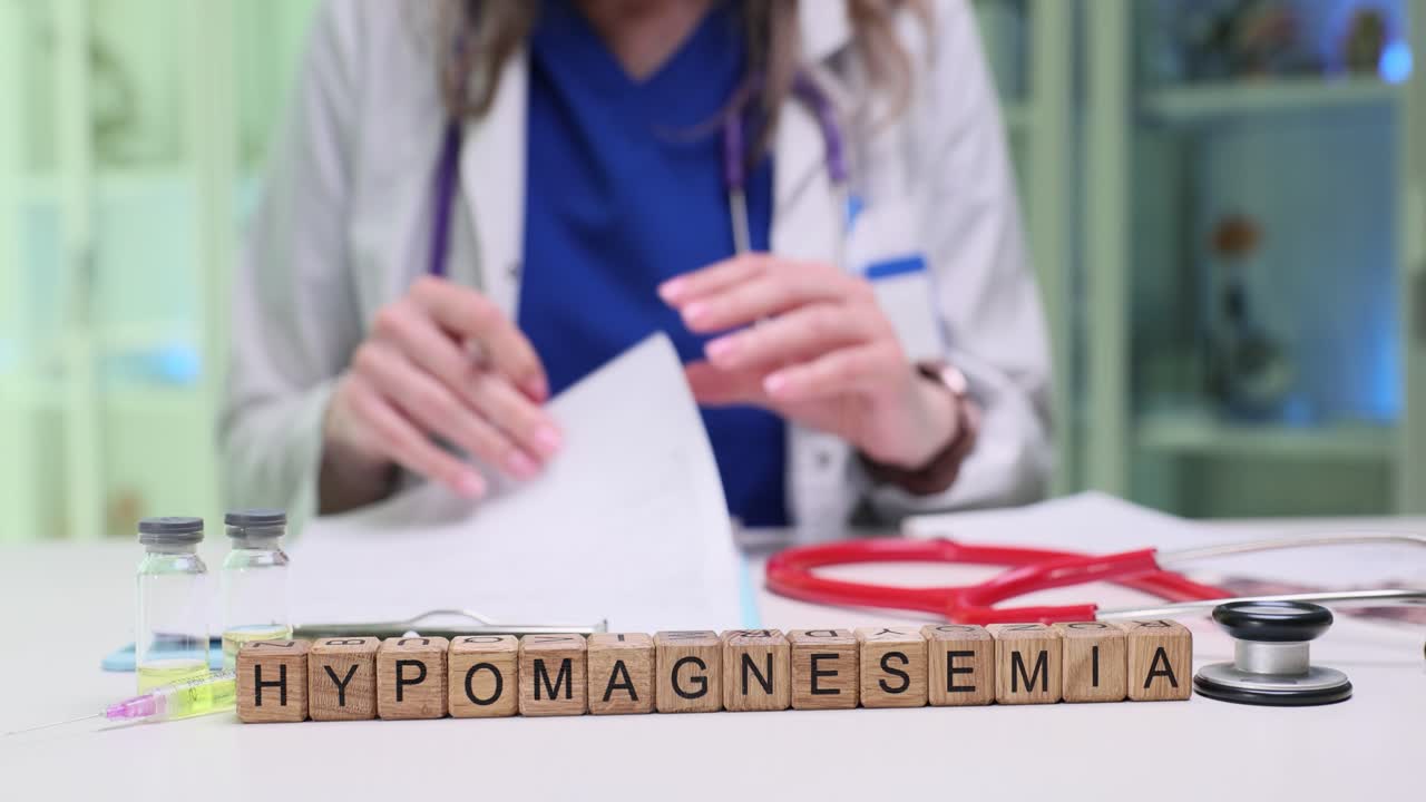 Doctor with medical equipment and 'HYPOMAGNESEMIA' blocks