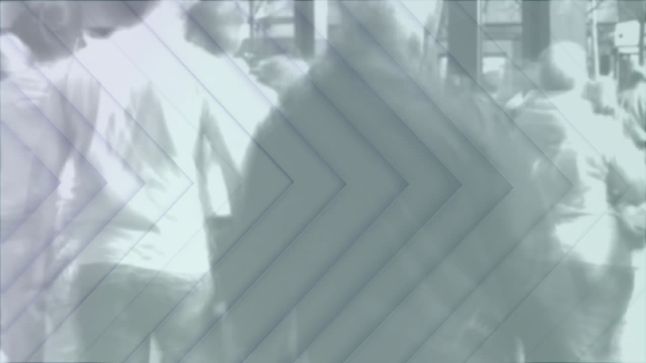 Walking in urban area, people with transparent arrow patterns and animation overlay