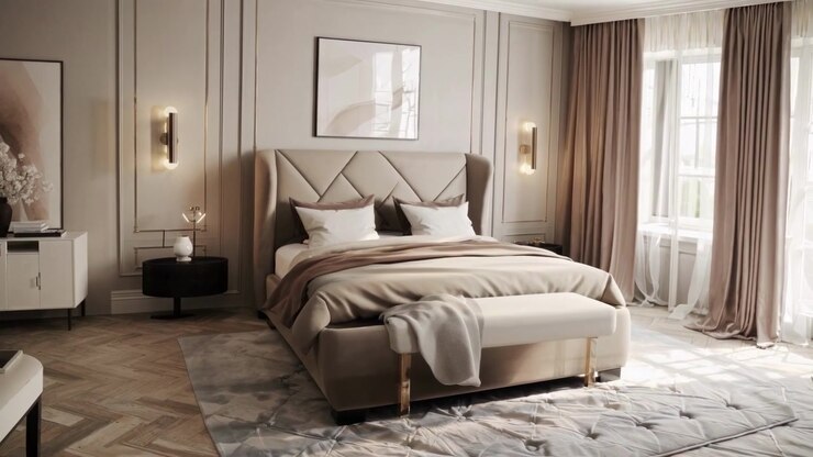 Interni di una camera da letto di lusso moderna con toni neutri e decorazioni eleganti