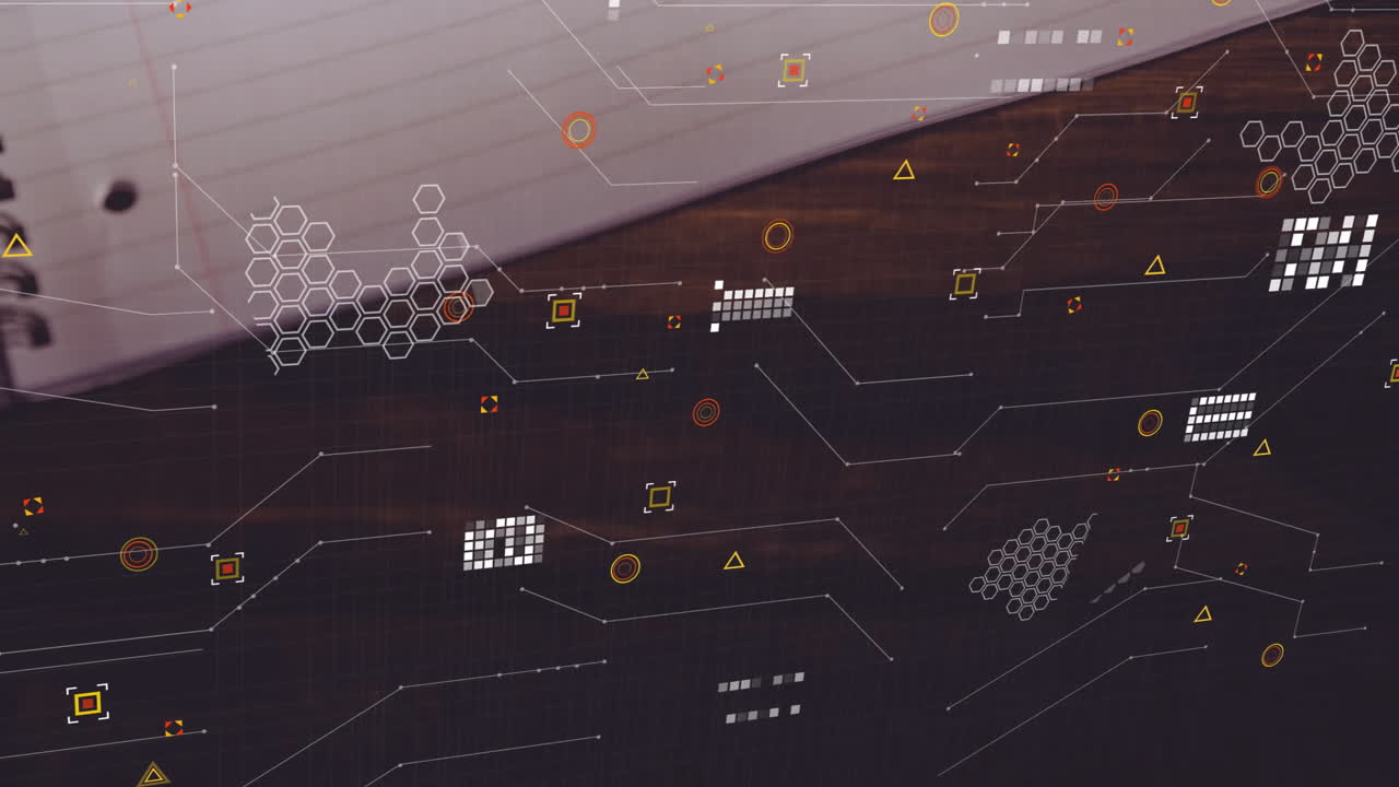Digital data and abstract geometric patterns overlaying wooden surface in animation