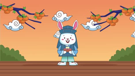 feliz celebración de chuseok con conejos y ramas de árboles