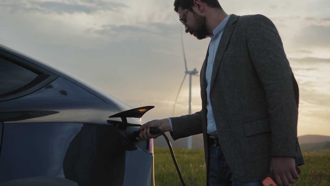 Gün batımında, rüzgar türbinleri önünde elektrikli araba şarj olurken telefon kullanan takım elbiseli adam videosu