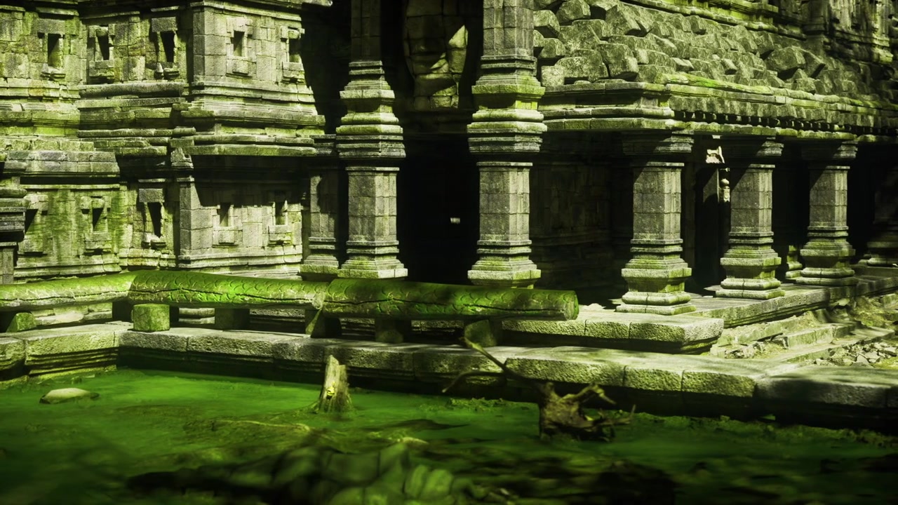 Ancient shrine mirrored serene scene of mossy religious monument