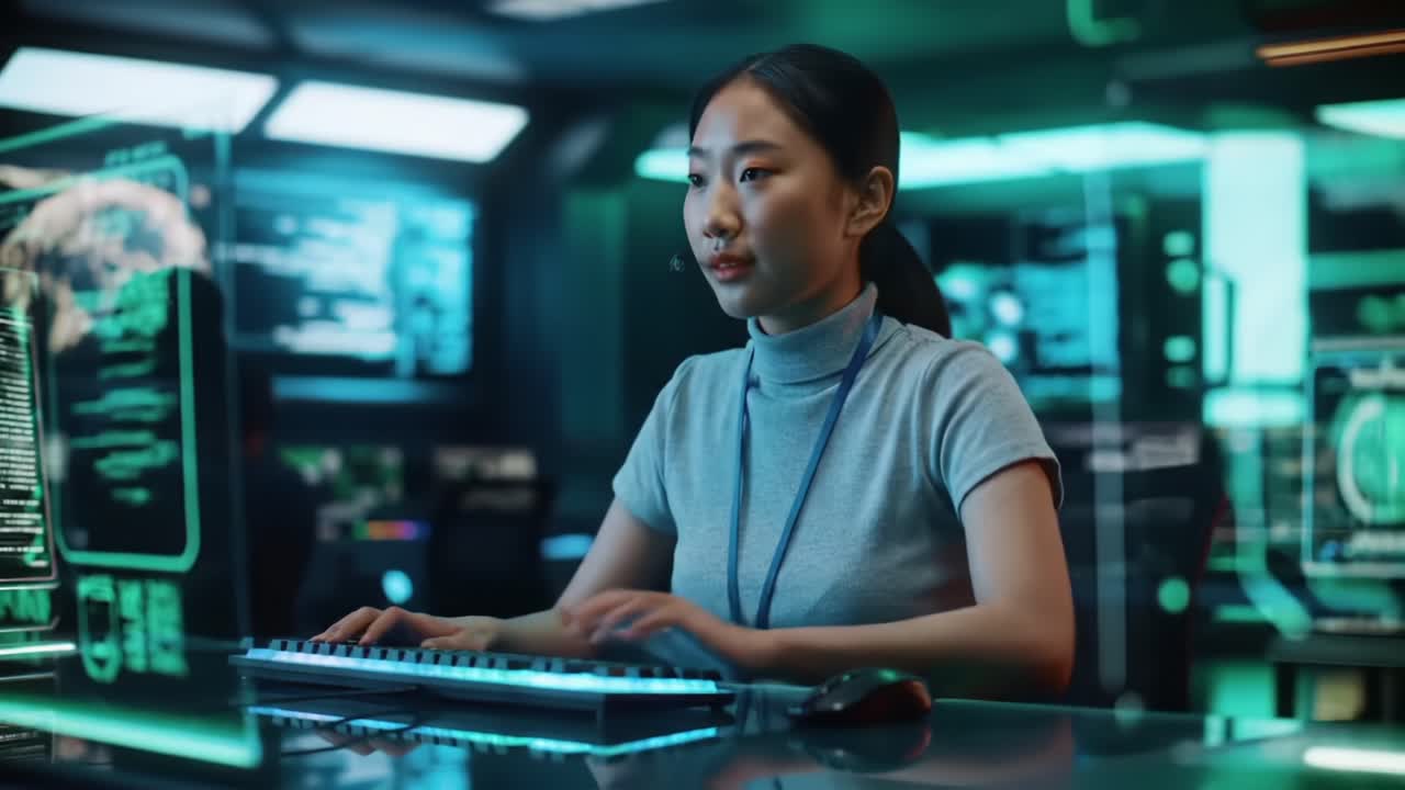 A focused woman engaged in cybersecurity work, analyzing data on computer screens with advanced technology in a futuristic control room environment