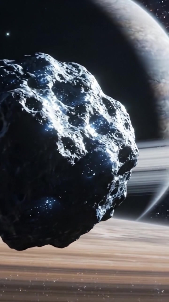Una Scena Cosmica Mozzafiato con un Asteroide che Passa Accanto a un Maestoso Pianeta con Anelli Luminescenti in una Galassia Distante, Catturando la Vastità dello Spazio