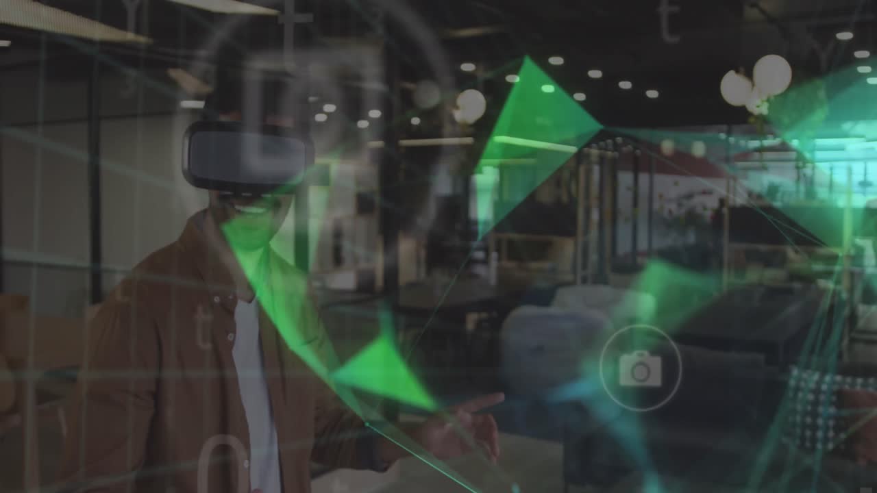 아이콘의 애니메이션과 데이터 처리가 vr 헤드을 사용하는 아프리카계 미국인