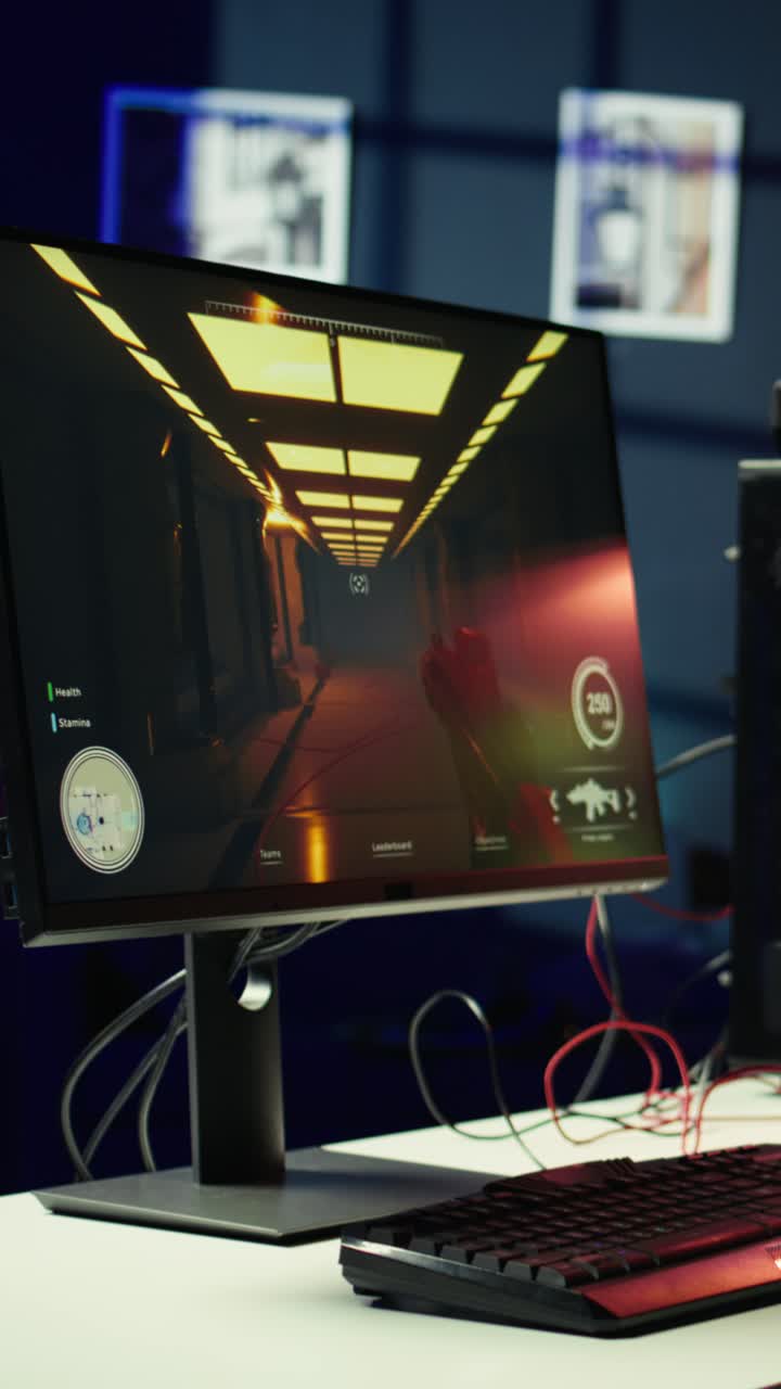 Vertical video Dolly in shot of FPS videogame on pc display