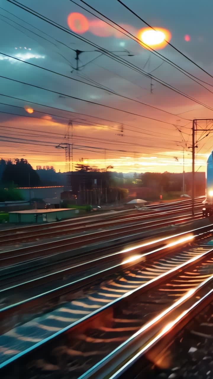 A train is traveling down the tracks with a sunset in the background. The train is surrounded by a lot of sparks, giving the image a sense of motion and energy