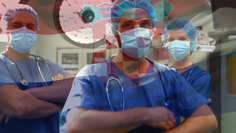 animation of flag of croatia waving over surgeons in operating theatre