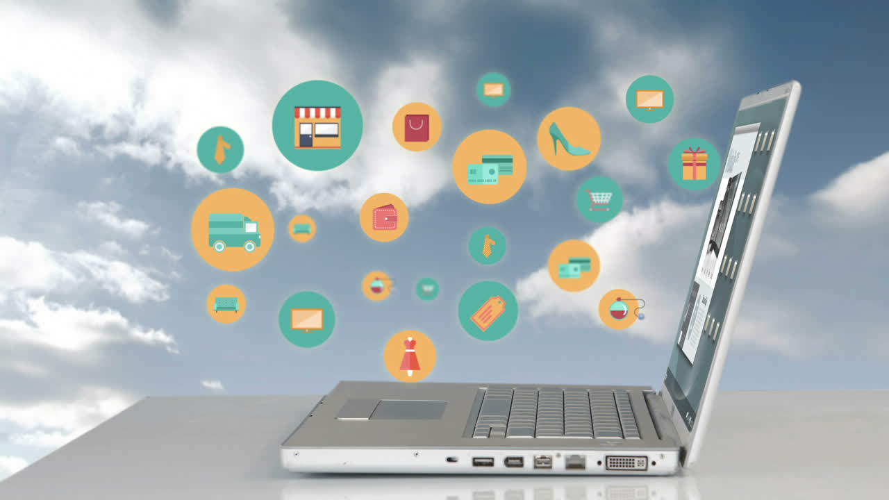 iconos de compras apareciendo por el portátil