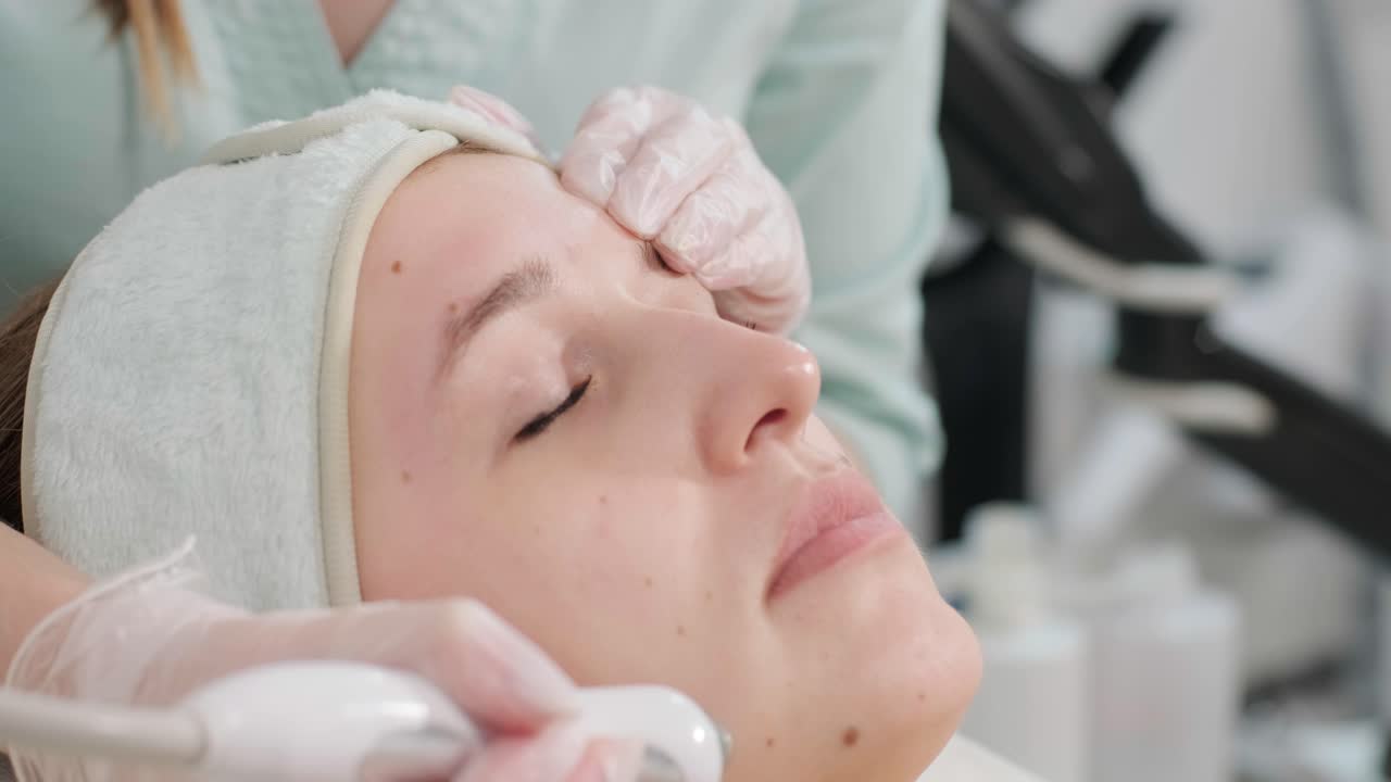 Procedura Hydrofacial in una moderna clinica estetica. Estrazione, esfoliazione, infusione, peeling, idratazione. Cosmetologia strumentale.