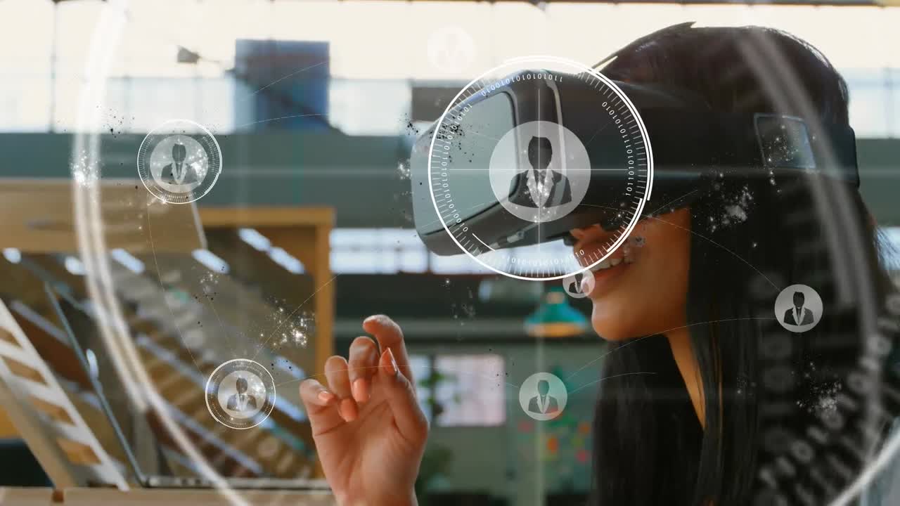 Animation of scope scanning with icons over biracial woman using vr headset