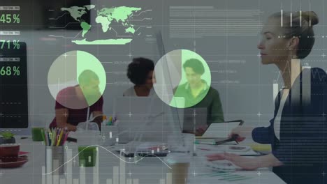animación de datos financieros y gráficos sobre diversos empresarios que trabajan juntos en la oficina