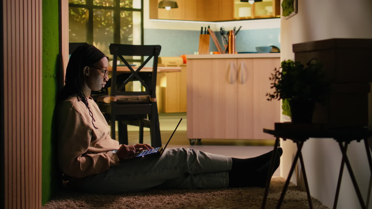 African American girl enjoying relaxation and browsing apps on laptop
