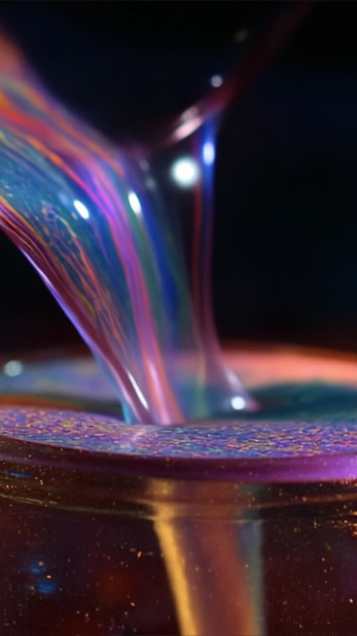 Fluxo Cativante de Líquido Iridescente: Uma Exibição Hipnotizante de Cores e Luz enquanto o Fluido Flui Graciosamente para um Recipiente, Criando um Espetáculo Artístico