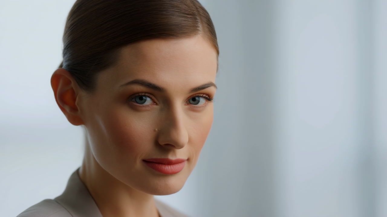 Close Up Woman In Bright Office, Poised Executive Consultant With Subtle Smile, Neat Hairstyle, Soft Natural