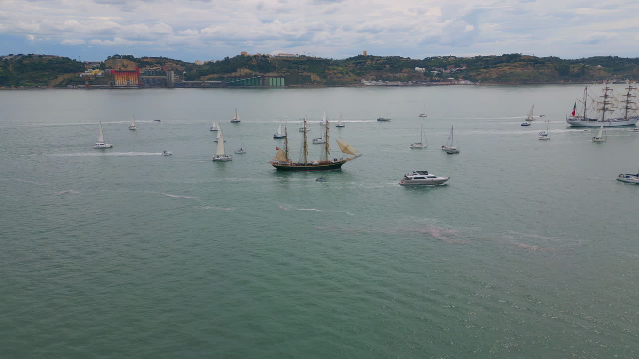 Drone view ships sailing at cloudy ocean landscape. Many yachts floating sea