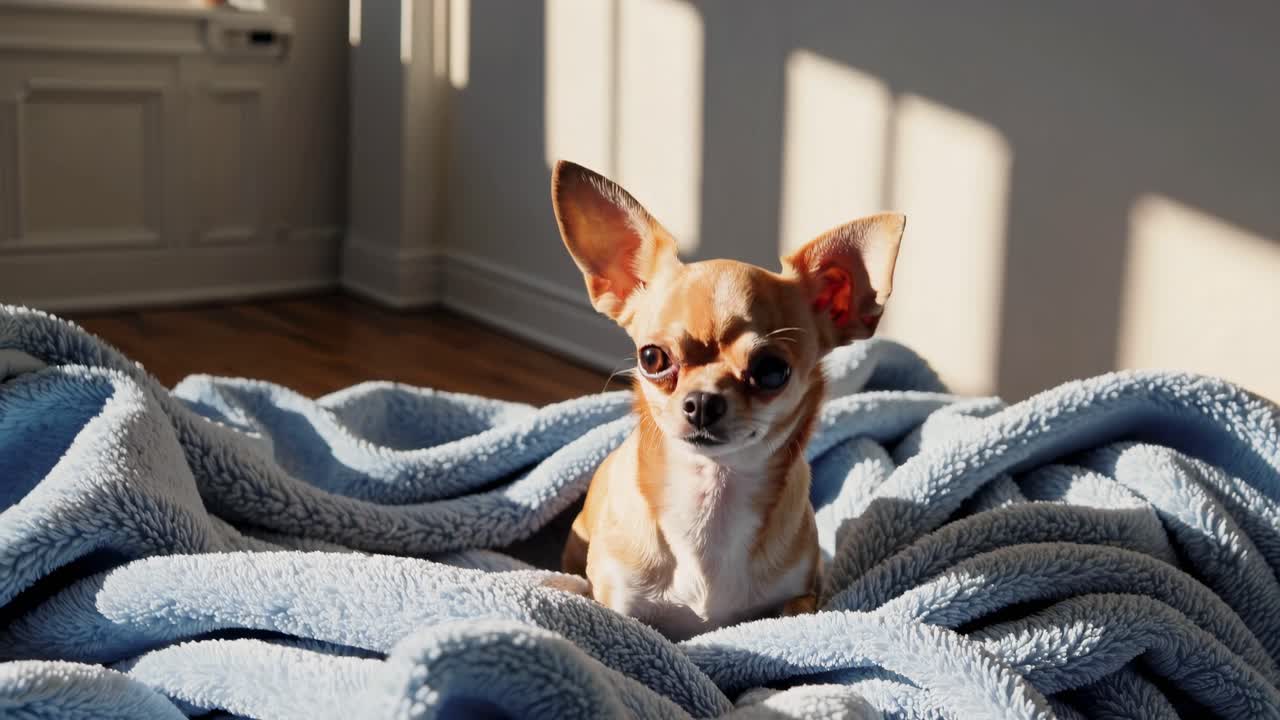 A Chihuahua wrapped in a blue blanket, captured in a cozy, warm setting