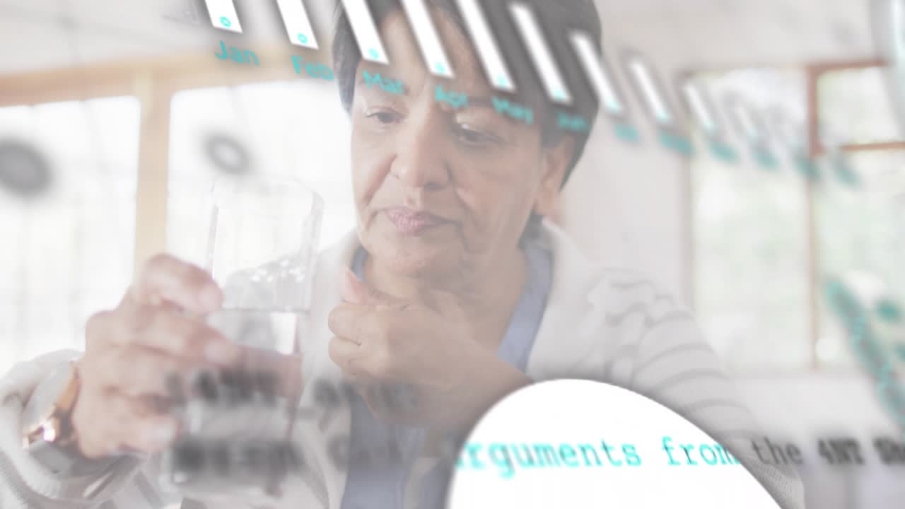 Senior woman using device causing bar chart and code overlays while taking pill for data analysis