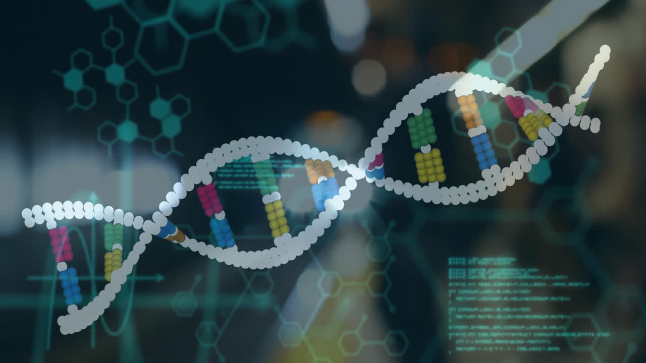 DNA strand with binary coding, scientific data processing in animation style