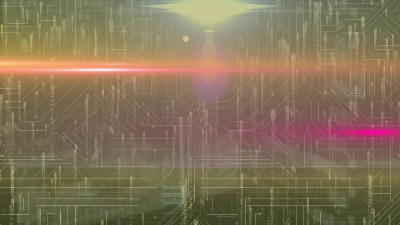 애니메이션은 컴퓨터 회로판을 통해 데이터 처리를 묘사합니다.