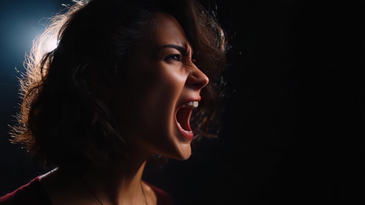 A powerful expression of emotion as a woman passionately screams in a darkened space, capturing the intensity of her feelings under dramatic lighting.
