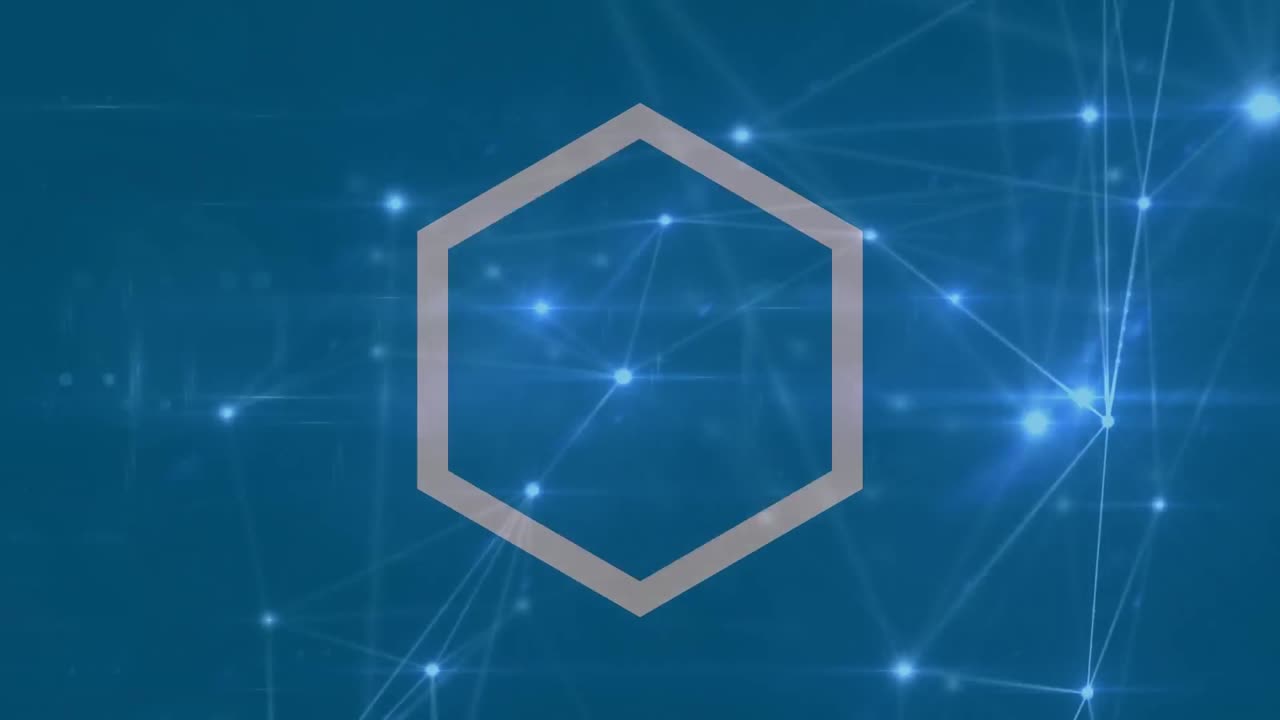 animación de figuras geométricas blancas girando con una red de conexiones