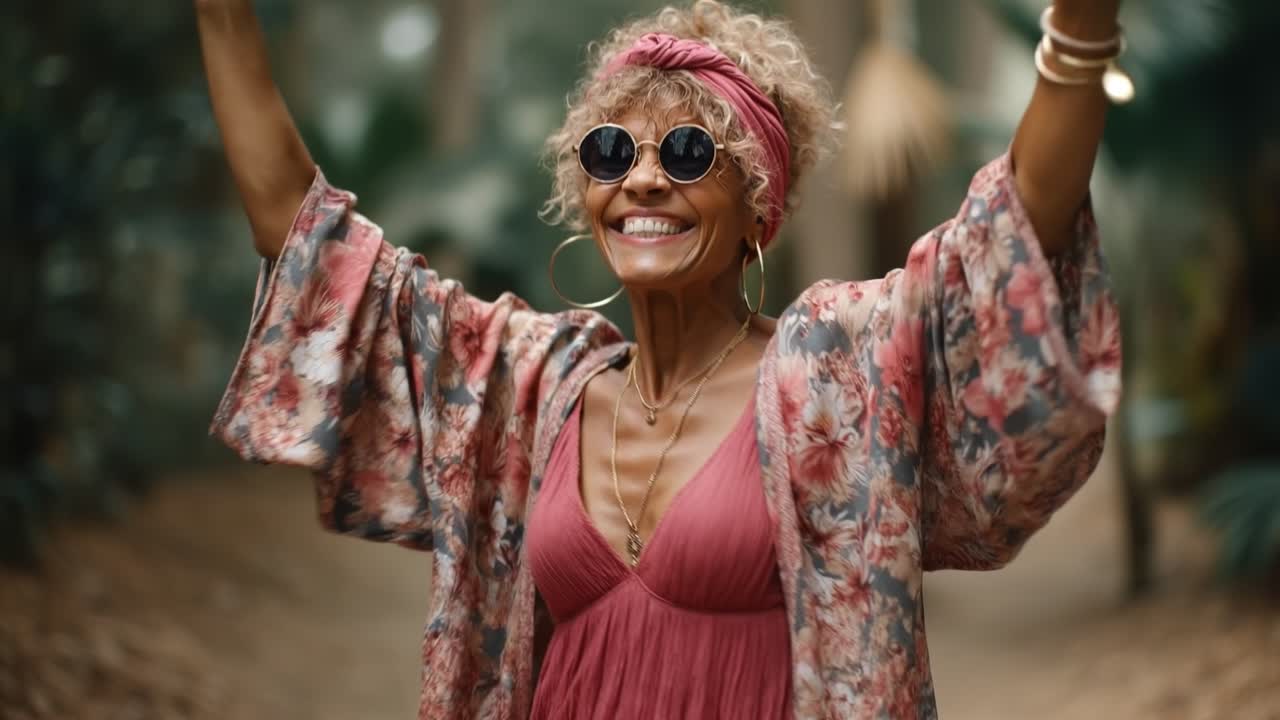 Anziana donna felice in outfit boho con occhiali da sole che si gode una vacanza in un giardino tropicale.