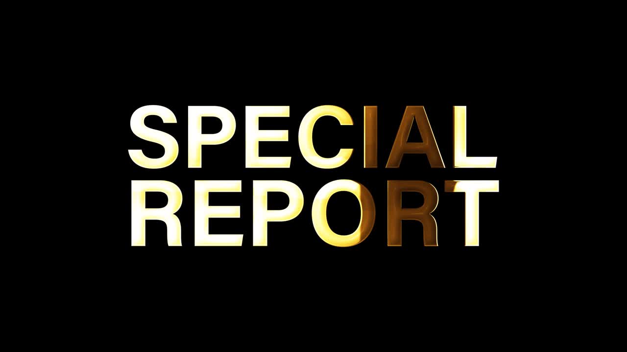 título del informe especial de la palabra dorada de 4k - ilustración en 3d del informe special de la palabra aislada con animación de bucle de reflejo dorado aislar usando prores de canal alfa de quicktime 4444. elementos de efecto de apertura de noticias.