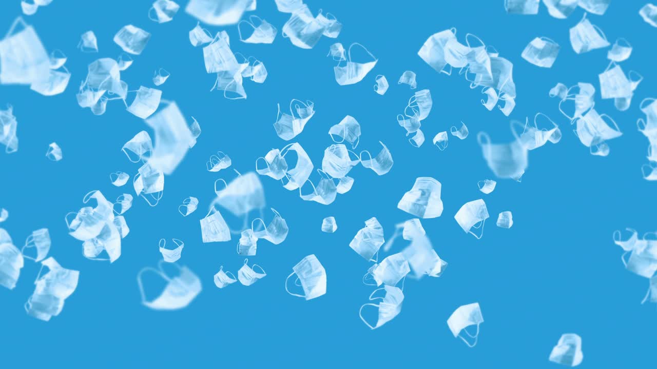 파란색 바탕에 많은 색 마스크를 날리는 의료 개념, 수술 보호 마스크, 마스크 회전의 3d 애니메이션, 루프 애니메이션.