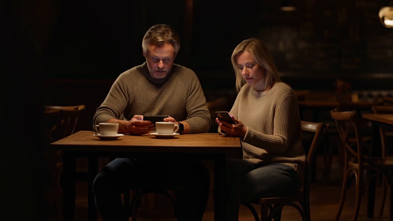 two individuals are seated at a table, engaged in a casual conversation in a dimly lit indoor environment, surrounded by wooden furniture and textiles, creating a relaxed dining experience.