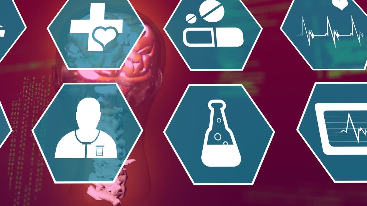 어두운 배경에 있는 인체 모델 위에 과학 아이콘의 애니메이션