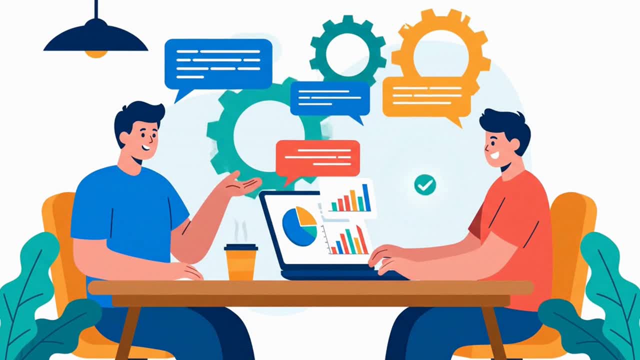 Two Men Collaborating on a Business Project with Laptop Data Charts