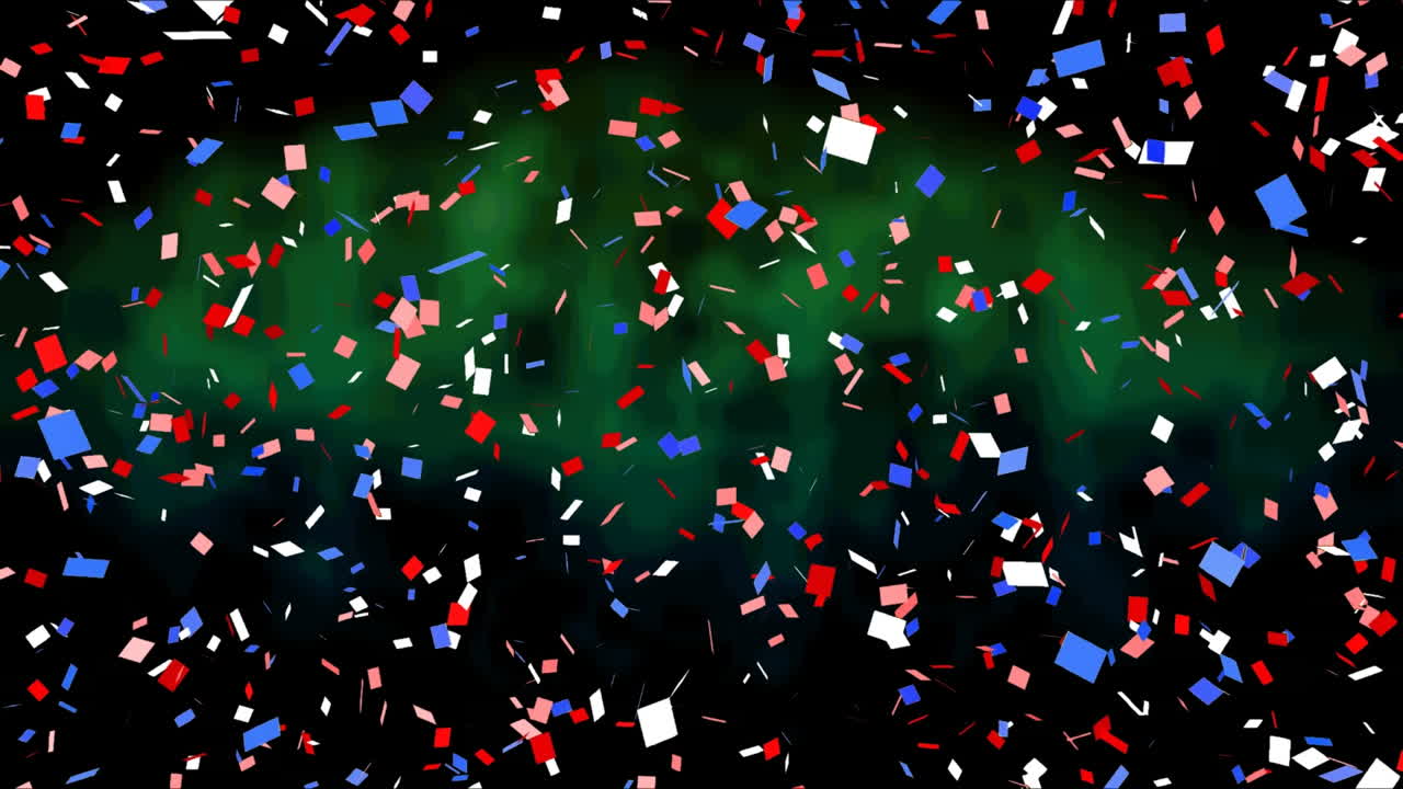 Animation of red, white and blue confetti falling on dark green background