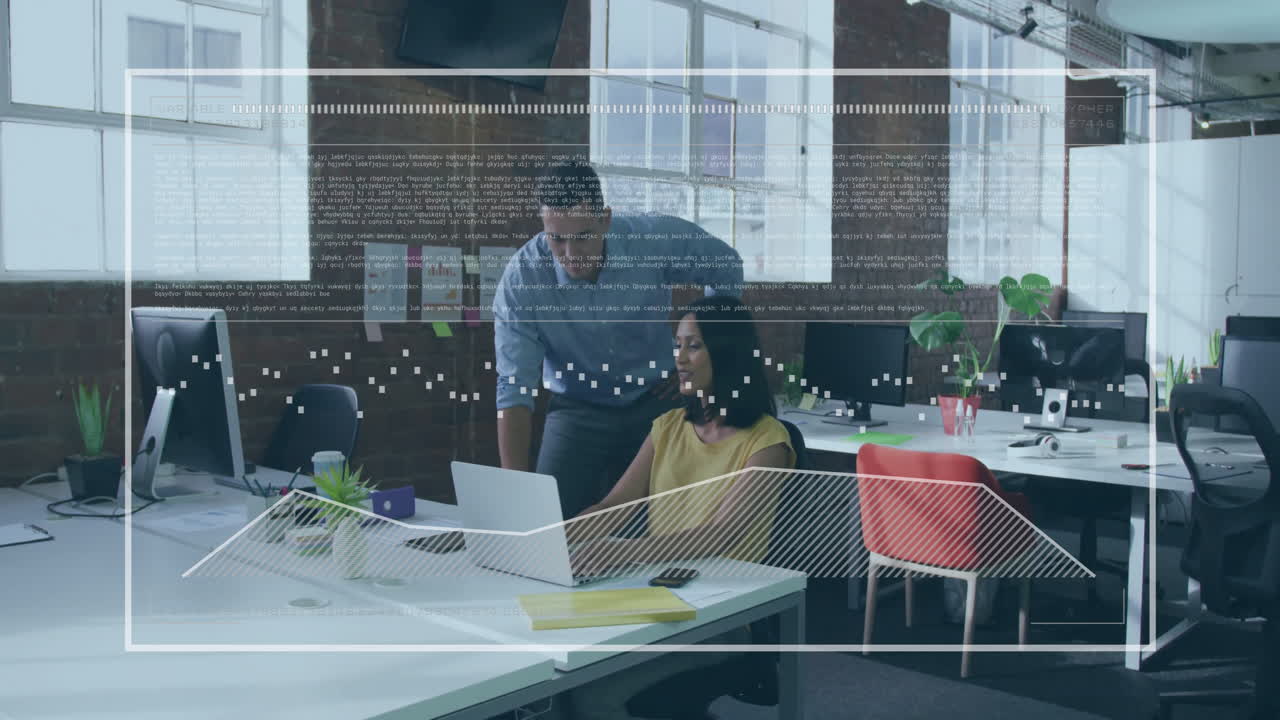 Animation of graphs, loading bar and data over diverse coworkers discussing reports on laptop