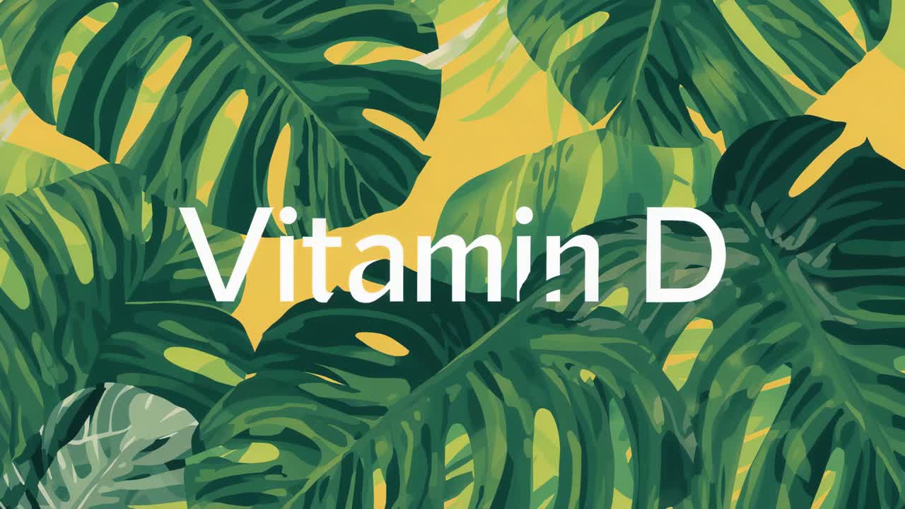 Moving white Vitamin D text with frames starting slow zoom on warm gold backdrop monstera leaves