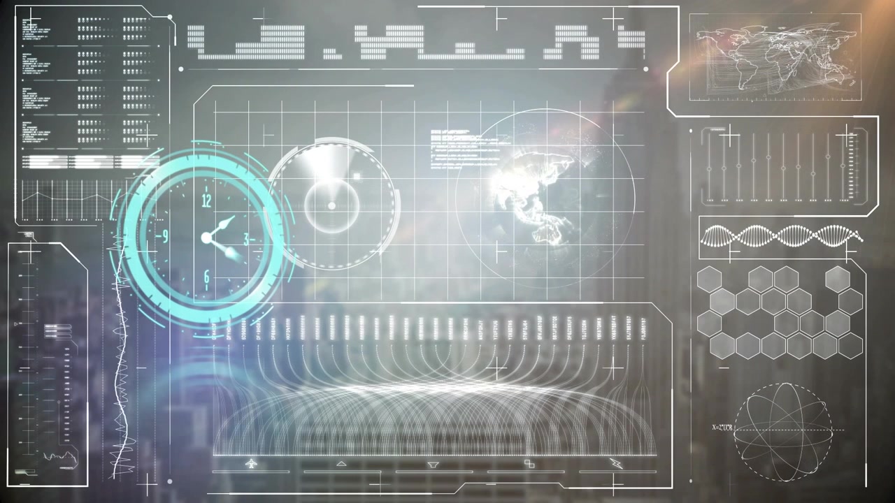 Animation of clock moving over data processing on black background