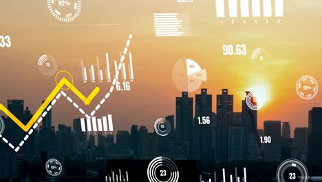 business data analytic interface fly over smart city showing alteration future