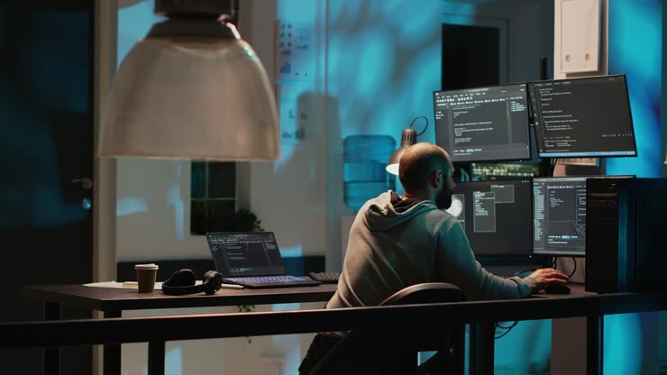 Programmierer, der auf mehreren Monitoren arbeitet