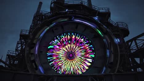 colorful light show on industrial machinery at night