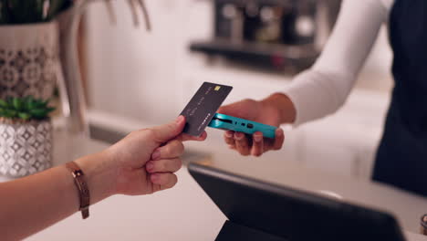 pos, hands of woman and payment with credit card