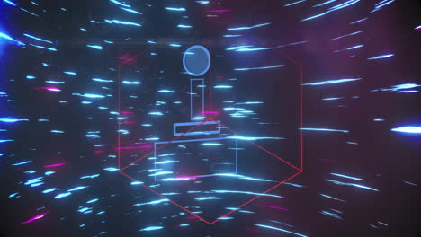 with neon lights and digital streaks, retro joystick animation in motion